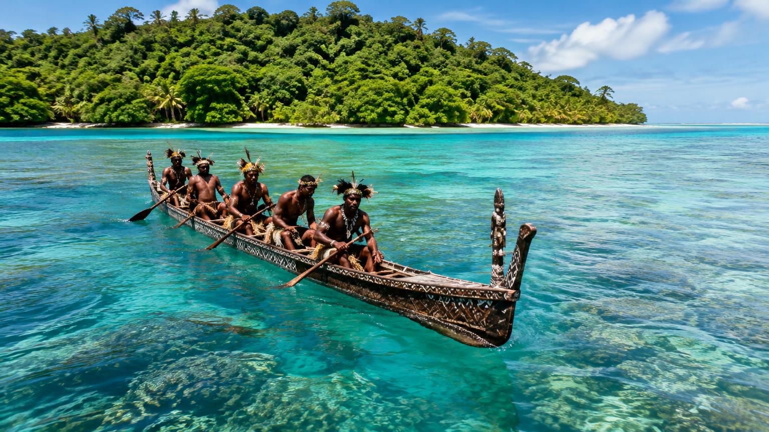 เรือแคนูดั้งเดิมบนน้ำทะเลสีฟ้าใสหน้าเกาะป่าเขียว หมู่เกาะโซโลมอน