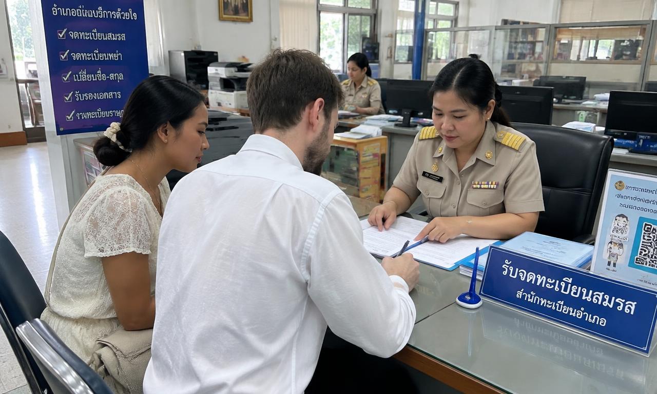 คู่รักไทยและชาวต่างชาตินั่งลงนามแบบฟอร์มที่โต๊ะเจ้าหน้าที่ งานทะเบียนสมรสของอำเภอ